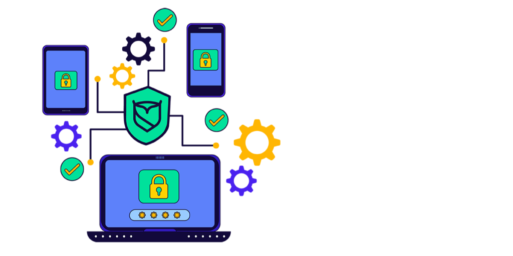 A laptop and a smartphone, each adorned with a green Sapher Shield icon, representing digital security and safety.